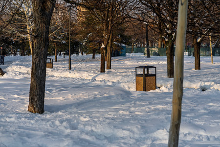 Scenic winter scene in the beautiful public park of Izvor in a  snowy winter morning. Izvor Park from downtown Bucharest, Romaniaの写真素材