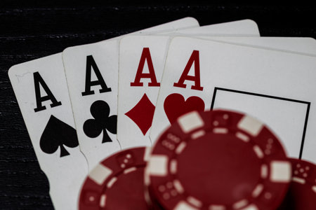 Casino chips and cards on the table. Poker gambling conceptの写真素材