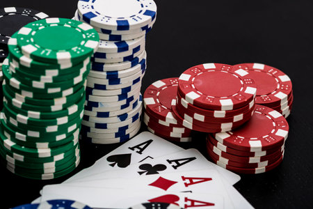 Casino chips and cards on the table. Poker gambling conceptの写真素材