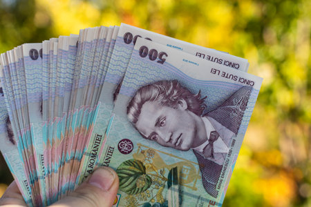 Romanian LEI Currency Banknote. RON Money Currencyの写真素材