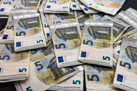 5 EURO banknotes. EUR money background representing savings, income, or investmentの写真素材