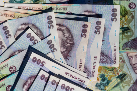 Romanian LEI Currency Banknote. RON Money Currencyの写真素材