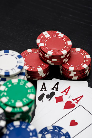 Casino chips and cards on the table. Poker gambling conceptの写真素材