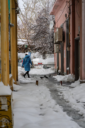 City covered in snow after a heavy snowfall. Urban scene during winterの写真素材