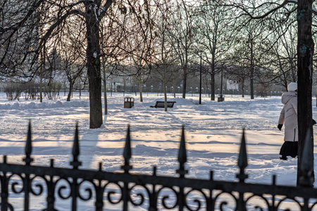 Scenic winter scene in the beautiful public park of Izvor in a  snowy winter morning. Izvor Park from downtown Bucharest, Romaniaの写真素材