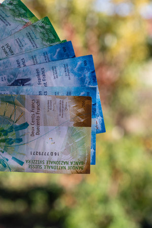 Swiss franc Currency Banknote. CHF Money Currencyの写真素材