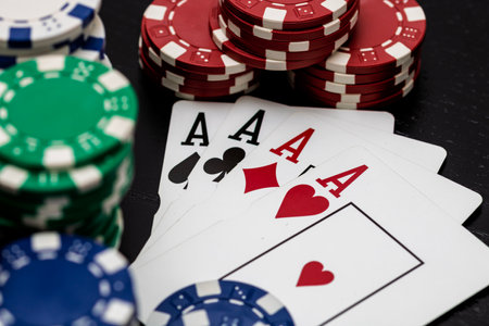 Casino chips and cards on the table. Poker gambling conceptの写真素材