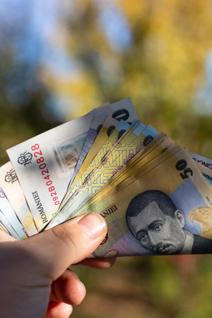 Romanian LEI Currency Banknote. RON Money Currencyの写真素材