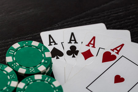 Casino chips and cards on the table. Poker gambling conceptの写真素材