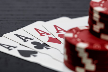 Casino chips and cards on the table. Poker gambling concept