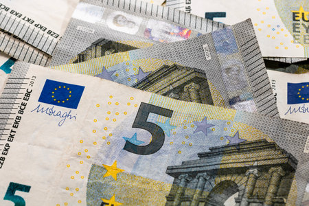 5 EURO banknotes. EUR money background representing savings, income, or investmentの写真素材