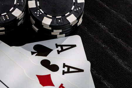 Casino chips and cards on the table. Poker gambling concept