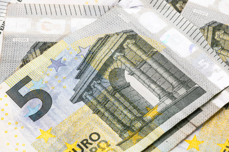 5 EURO banknotes. EUR money background representing savings, income, or investmentの写真素材