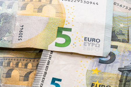 5 EURO banknotes. EUR money background representing savings, income, or investmentの写真素材