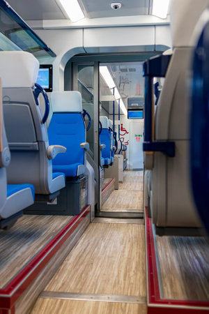Interior of Alstom train on the platform of Bucharest North Railway Station (Gara de Nord Bucuresti)の写真素材