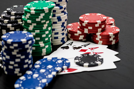 Casino chips and cards on the table. Poker gambling concept