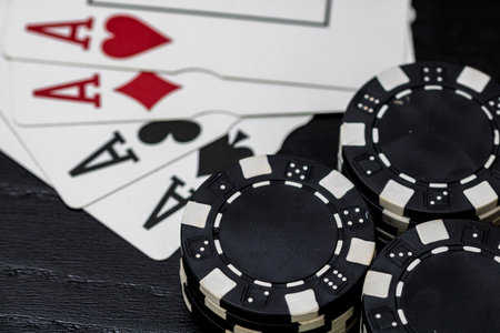 Casino chips and cards on the table. Poker gambling conceptの写真素材