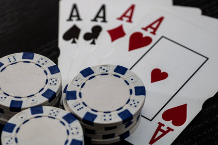 Casino chips and cards on the table. Poker gambling conceptの写真素材
