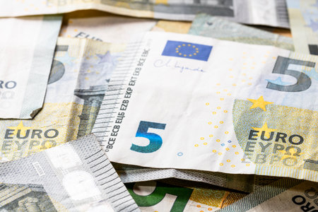 5 EURO banknotes. EUR money background representing savings, income, or investmentの写真素材