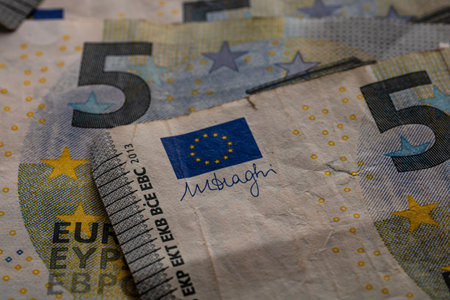 5 EURO banknotes. EUR money background representing savings, income, or investmentの写真素材