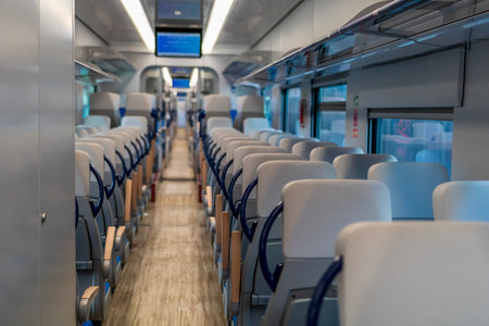 Interior of Alstom train on the platform of Bucharest North Railway Station (Gara de Nord Bucuresti)の写真素材