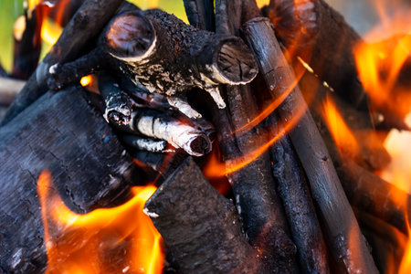 BBQ grill with burning wood and fire flames. Empty hot charcoal barbecue grill with bright flameの写真素材
