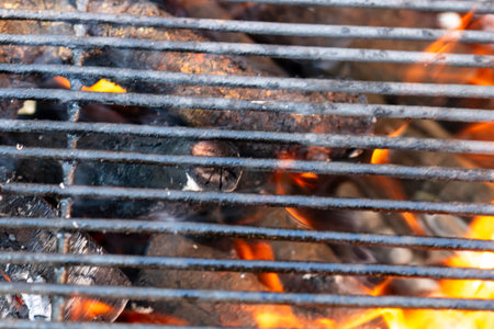 BBQ grill with burning wood and fire flames. Empty hot charcoal barbecue grill with bright flameの写真素材
