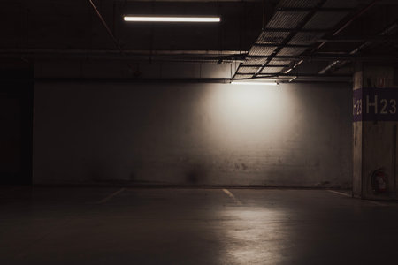Empty underground garage. Empty parking lot with overhead dim lightの写真素材