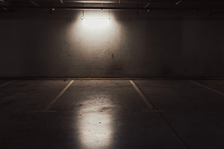 Empty underground garage. Empty parking lot with overhead dim lightの写真素材