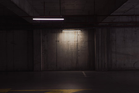 Empty underground garage. Empty parking lot with overhead dim lightの写真素材