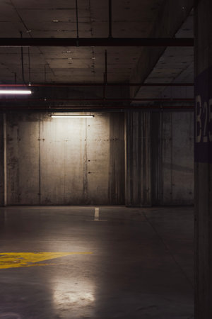 Empty underground garage. Empty parking lot with overhead dim light