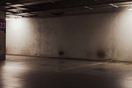 Empty underground garage. Empty parking lot with overhead dim lightの写真素材