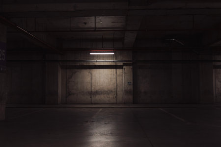 Empty underground garage. Empty parking lot with overhead dim lightの写真素材
