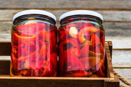 Canned peppers in vinegar. Pickled peppersの写真素材