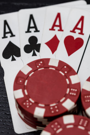 Casino chips and cards on the table. Poker gambling concept