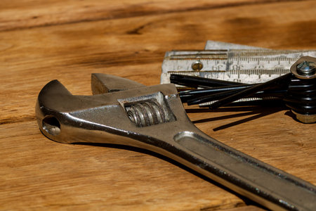 Tools for repair and building. Instruments for contractors on wooden table