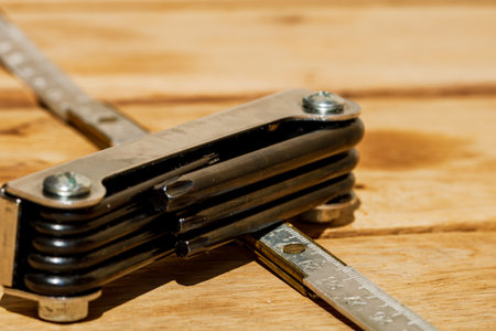 Tools for repair and building. Instruments for contractors on wooden tableの写真素材