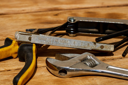 Tools for repair and building. Instruments for contractors on wooden table