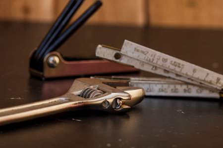 Tools for repair and building. Instruments for contractors on wooden table