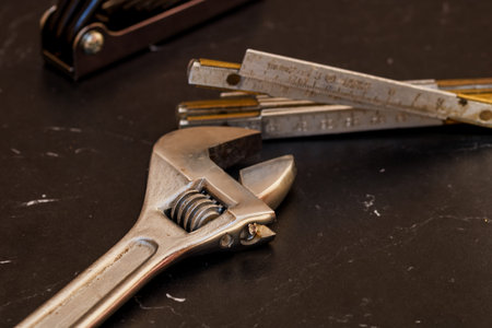 Tools for repair and building. Instruments for contractors on wooden table