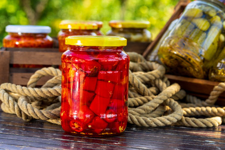 Canned hot peppers in vinegar. Pickled hot peppersの写真素材