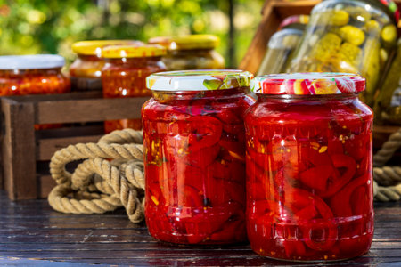 Canned peppers in vinegar. Pickled peppersの写真素材