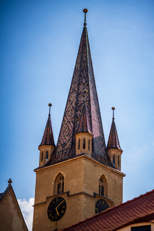 Sibiu, Romania. Historical downtown of medieval Saxon city in famous Transylvania, travel site in Eastern Europeの写真素材