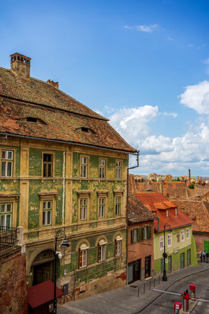Sibiu, Romania. Historical downtown of medieval Saxon city in famous Transylvania, travel site in Eastern Europeの写真素材