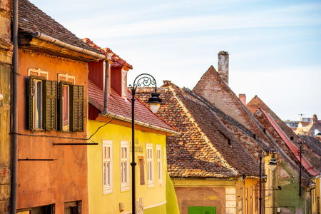 Sibiu, Romania. Historical downtown of medieval Saxon city in famous Transylvania, travel site in Eastern Europeの写真素材