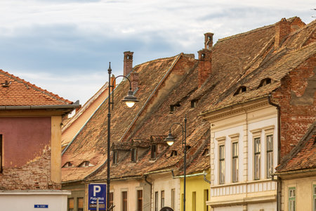 Sibiu, Romania. Historical downtown of medieval Saxon city in famous Transylvania, travel site in Eastern Europeの写真素材