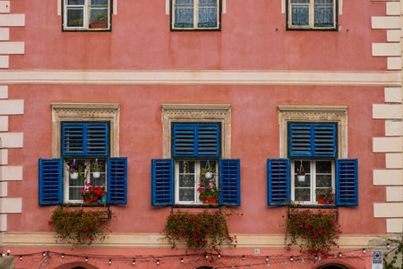 Sibiu, Romania. Historical downtown of medieval Saxon city in famous Transylvania, travel site in Eastern Europeの写真素材