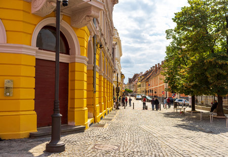 Sibiu, Romania. Historical downtown of medieval Saxon city in famous Transylvania, travel site in Eastern Europeの写真素材