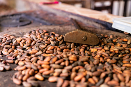 Local roasted cacao beans in El Salvador, Central America. Raw, peeled, and crushed cacao beans being roasted traditionally in El Salvadorの写真素材