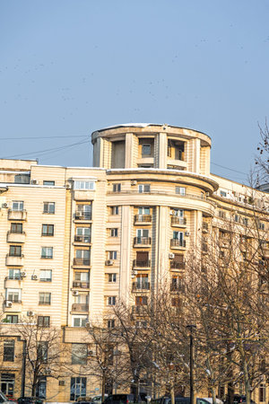 Detail photo of apartment buildings in Bucharest, Romaniaの写真素材